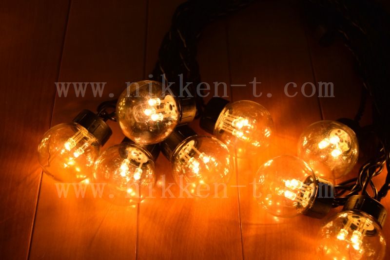 電源別売り LED丸形電球ストリング、G50型クリア球、10球(30LED)、電球色オレンジゴールド、黒コード